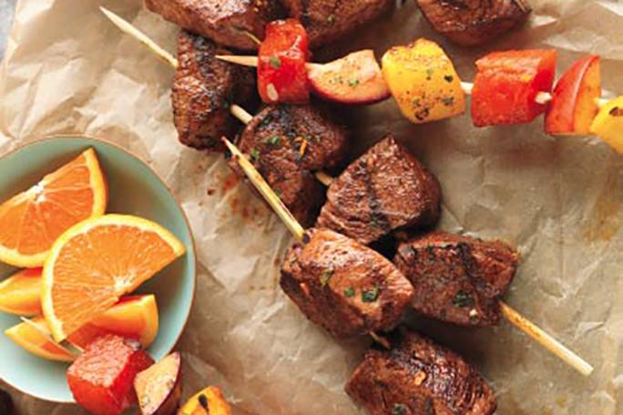 Appresentation suggestion of Citrus-Marinated Beef & Fruit Kabobs