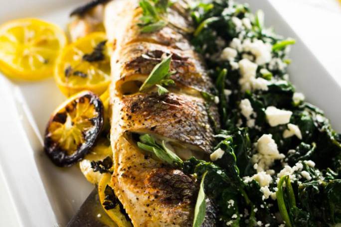 Appresentation suggestion of Greek Whole Roasted Branzino